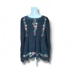 American Eagle Women's Black‎ Embroidered Boho Peasant Top Blouse NWT M Festival